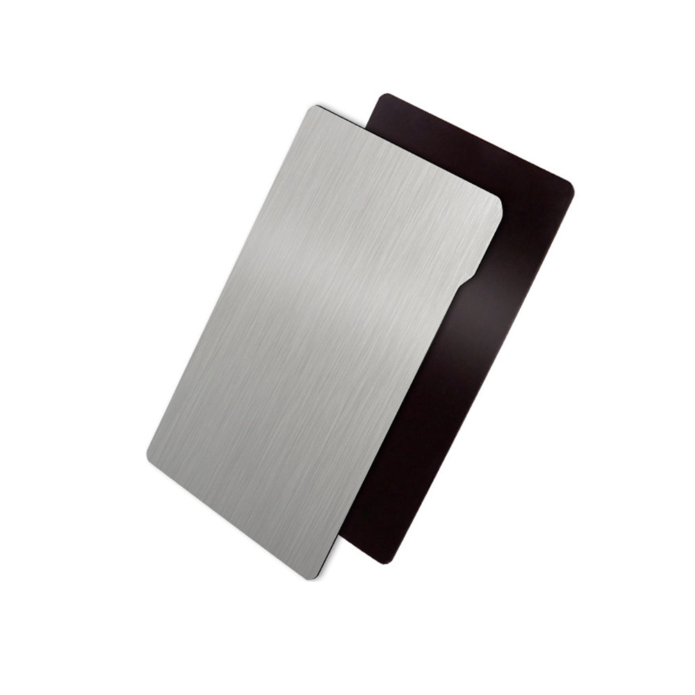 Two slightly tilted steel sheets, one in brushed steel overlapping a darker solid one, mimic the alignment precision of 3D printers. This setup resembles the SLA / DLP / LCD Steel Sheet Film by 3D Printing Perth - Cirrus Link used for resin printing.