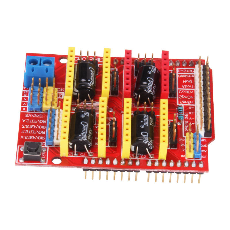 A red CNC Shield V3 Engraving Machine Development Board from 3D Printing Perth - Cirrus Link features yellow pin headers, black capacitors, and connectors for electronic component mounting.