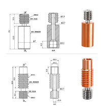 A technical drawing and photo of the E3D V6 Titanium Alloy Red Copper Throat Tube 175mm M6, a metal component featuring threaded sections in millimeters, relevant to 3D printing accessories by 3D Printing Perth - Cirrus Link.