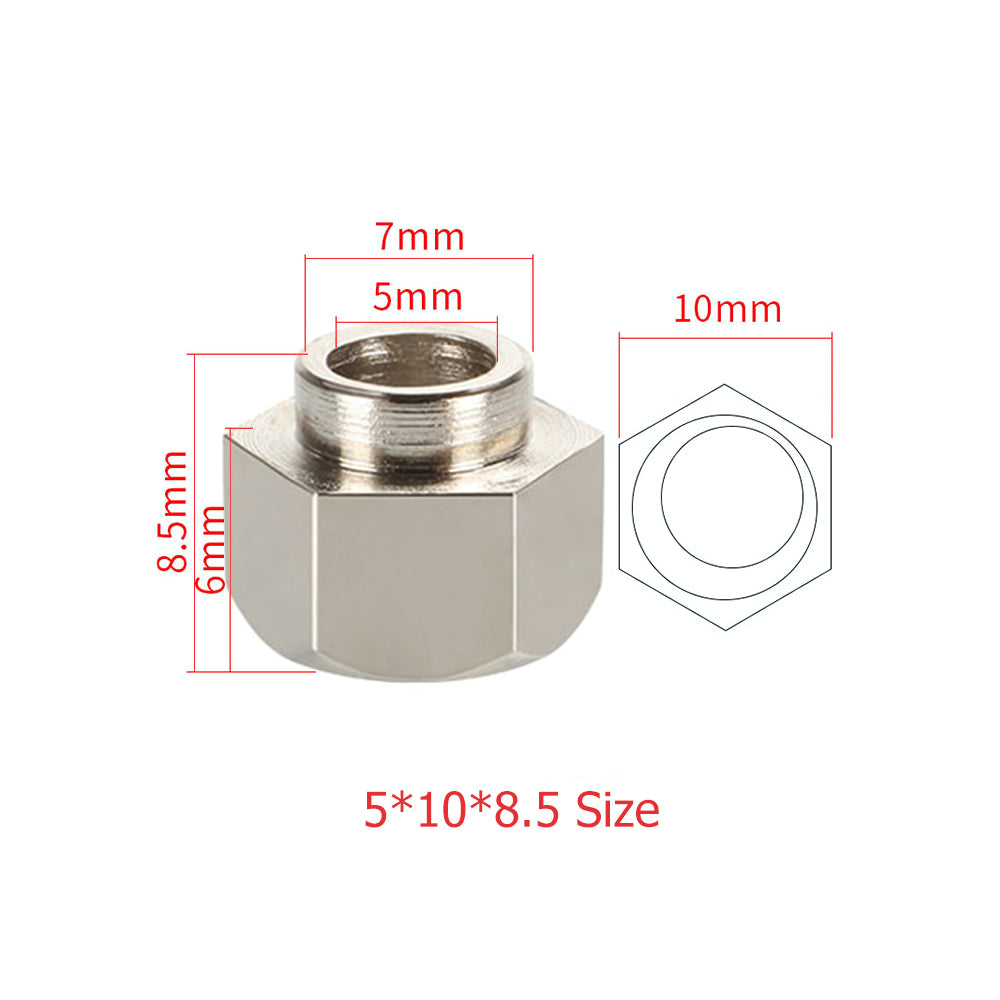 The Eccentric Nut Nickel Plated V Groove Hex Nut by 3D Printing Perth - Cirrus Link is perfect for mechanical applications and 3D printing projects, with precise dimensions of 8.5mm height, 10mm width, labeled details of 7mm and 5mm, and an overall size of 5*10*8.5.