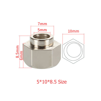 The Eccentric Nut Nickel Plated V Groove Hex Nut by 3D Printing Perth - Cirrus Link is perfect for mechanical applications and 3D printing projects, with precise dimensions of 8.5mm height, 10mm width, labeled details of 7mm and 5mm, and an overall size of 5*10*8.5.