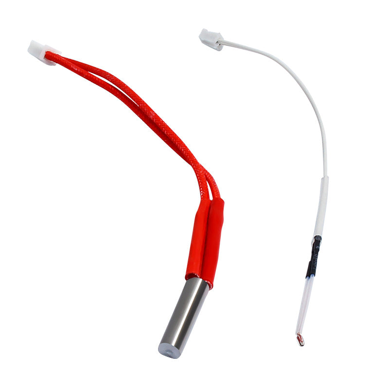 The CR-6SE NTC Heater Kit 90mm 24V 40W by 3D Printing Perth - Cirrus Link features a cylindrical heating element with red insulation, connected white wire, and an NTC thermistor at the tip for precise temperature control in 3D printing.