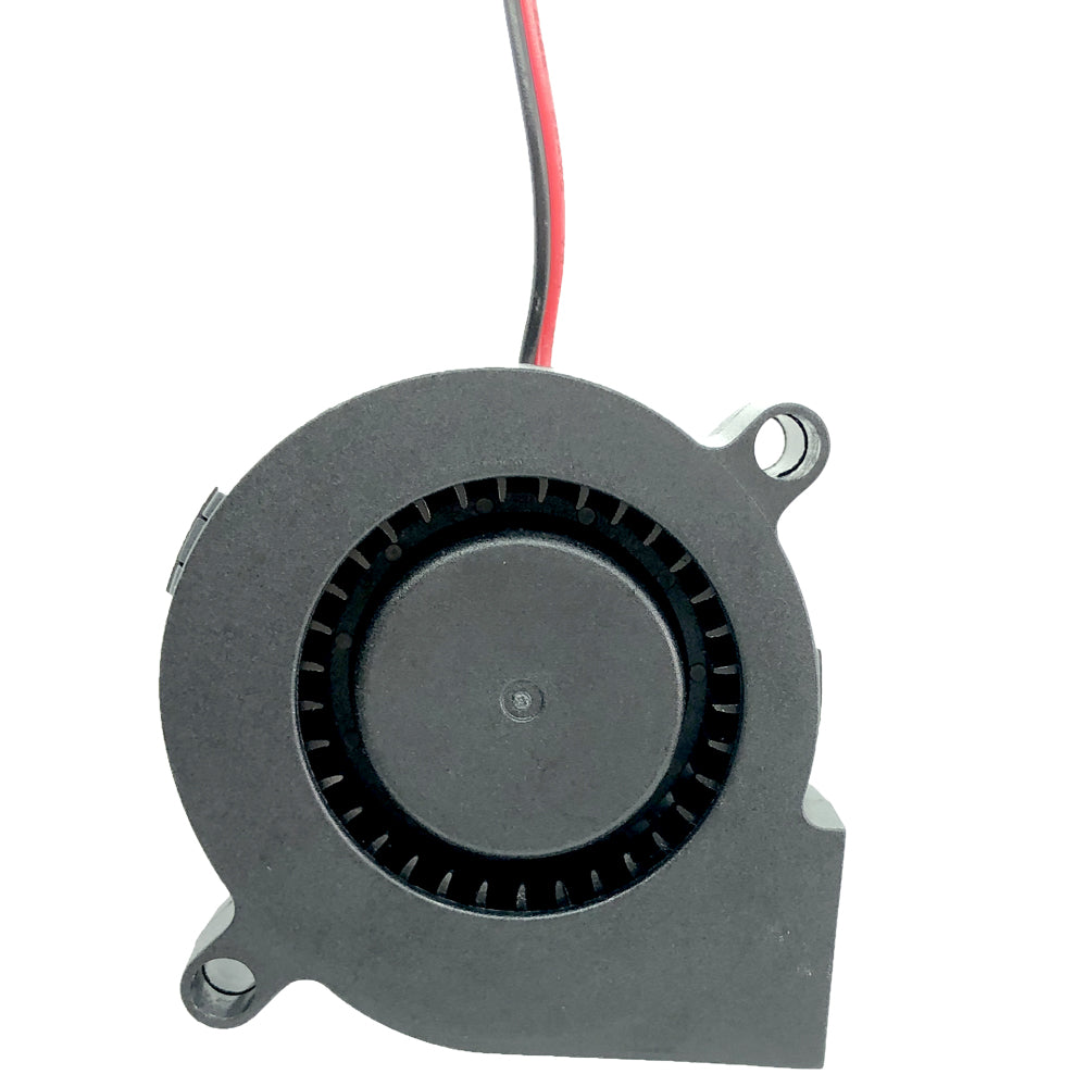The Blower 5015 from 3D Printing Perth - Cirrus Link is a compact black cooling fan specifically designed for 3D printing. It features dual ball bearings, operates at 24V, and includes two mounting holes along with red and black power wires, all showcased against a white background.