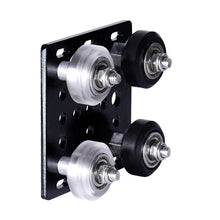 The ASR Pulley Wheel Big Wheel with 5mm inner hole and 625 bearing includes a black metal mounting plate with multiple holes, fitted with two silver and two black pulleys—ideal as 3D printer accessories.
