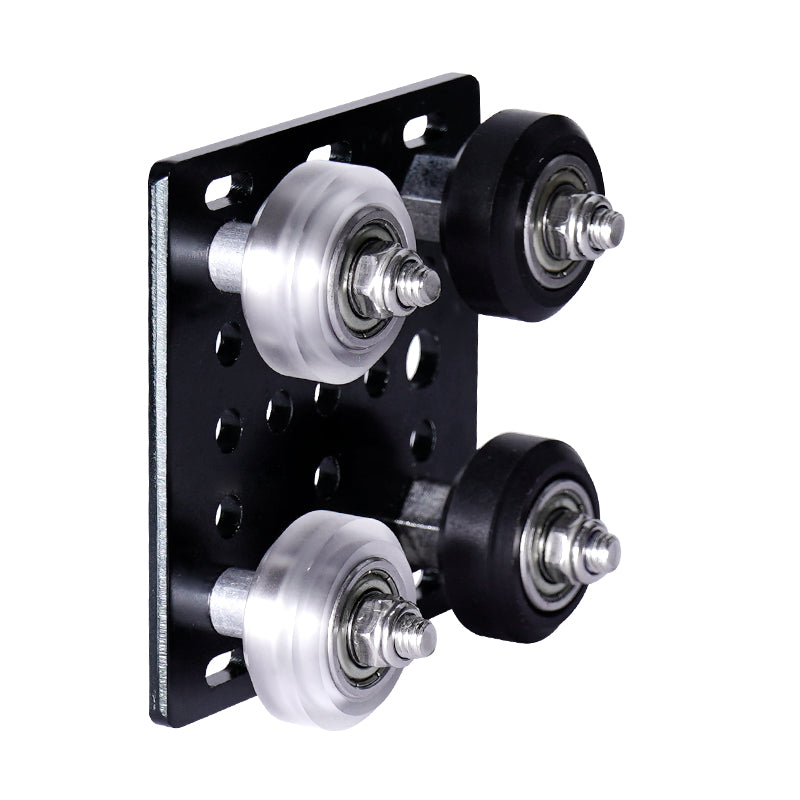 The Pulley Wheel Big Wheel by 3D Printing Perth - Cirrus Link features a metal bracket with four wheels, two silver and two black, arranged vertically. It includes a 5mm inner hole (625 bearing), making it perfect for enhancing the smooth operation and stability of 3D printer accessories.