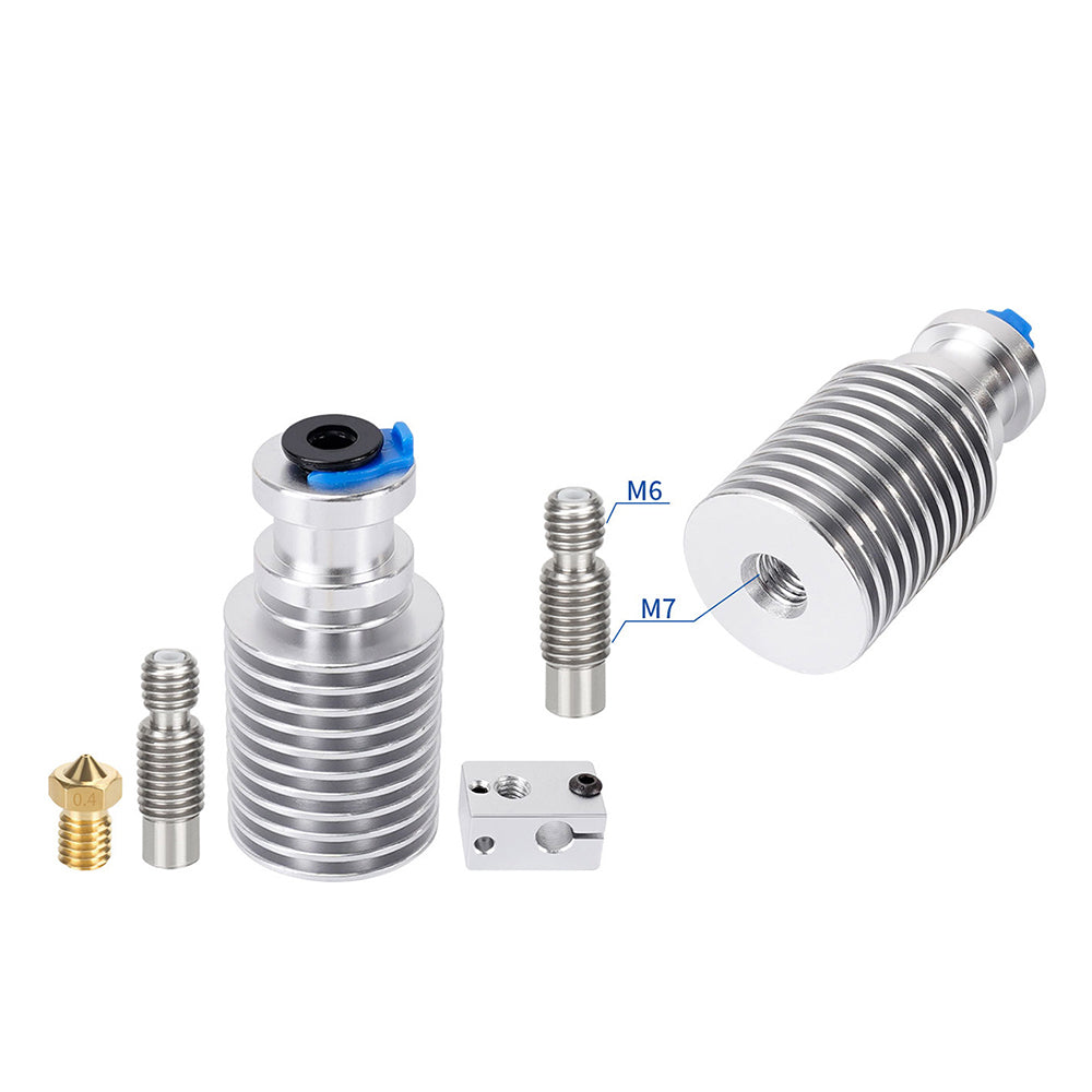 The Voron 2.4 Trident E3D V6 Hotend Extruder Assembly by 3D Printing Perth - Cirrus Link includes metal heat sinks and nozzles compatible with Voron 2.4 Trident setups, featuring clearly labeled M6 and M7 threads for precise integration.