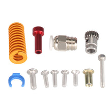 The Cr10 Red Extruder Left Hand 175mm by 3D Printing Perth - Cirrus Link, along with screws, a gear, a spring, and other 3D printing components, are displayed on a white background.