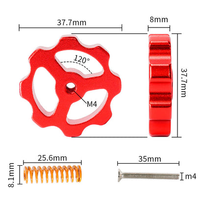This detailed diagram features a red gear wheel with dimensions, an orange spring, and a metal screw. Perfect for the CR10 M4 Leveling Spring & Nut Bed Platform Screw Kit Set of 4 by 3D Printing Perth - Cirrus Link, ideal as accessories for CR10 series 3D printers.