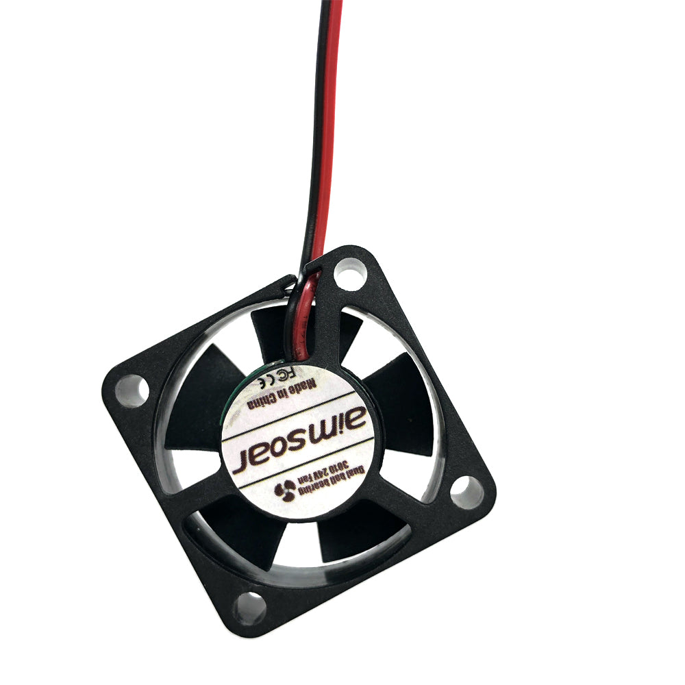 A 24V Dual Ball Bearing Cooling Fan by 3D Printing Perth - Cirrus Link, measuring 30mm x 30mm x 10mm, features a design with four mounting holes and red and black wires coming from the center. Ideal for boosting airflow in your 3D printer setup, this fan operates at 8262 RPM with a flow rate of 4.5 CFM at just 24 DBA, ensuring smooth performance and durability.
