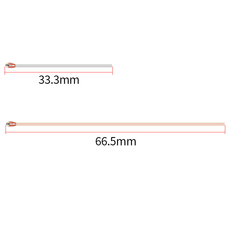 Two rounded-tip linear objects are shown: the top one measures 33.3mm, and the bottom 66.5mm. Designed for MK2A platform use, these NTC Thermistor sensors by 3D Printing Perth - Cirrus Link promise high precision measurement and reliability in diverse environments.
