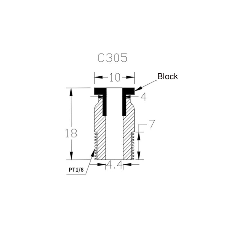 A technical drawing of component C305, intended for use in integration with pneumatic systems, specifies dimensions as follows: height of 18, width of 10, and internal width of 4.4. It includes annotations regarding the PT1/8 thread size, emphasizing the section labeled "Block" and ensuring compatibility with the Pneumatic Quick Connector For Teflon Tube by 3D Printing Perth - Cirrus Link.
