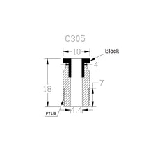 A technical drawing of component C305, intended for use in integration with pneumatic systems, specifies dimensions as follows: height of 18, width of 10, and internal width of 4.4. It includes annotations regarding the PT1/8 thread size, emphasizing the section labeled "Block" and ensuring compatibility with the Pneumatic Quick Connector For Teflon Tube by 3D Printing Perth - Cirrus Link.