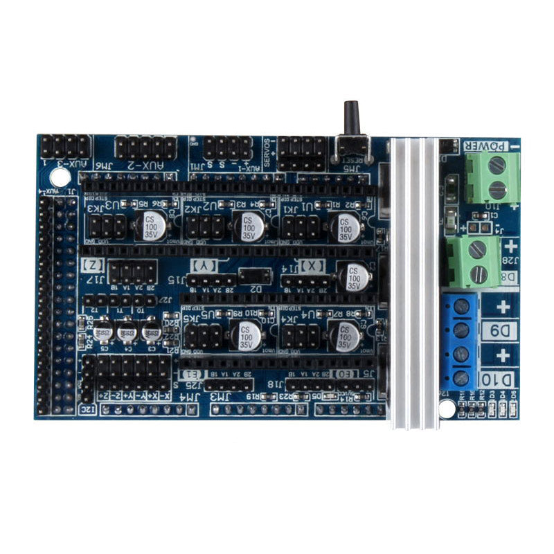 The Ramps 1.6 3D Printer Control Board by 3D Printing Perth - Cirrus Link is a blue circuit-like board with electronic components such as capacitors, connectors, and a heatsink, perfect for enhancing your 3D printing experience.