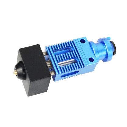 The CR10 Ender3 New Type Extruder Upgrade by 3D Printing Perth - Cirrus Link, featuring an all-metal construction, includes a blue and black heatsink and PTFE connector, viewed from an angle for a robust enhancement to your 3D printing experience.