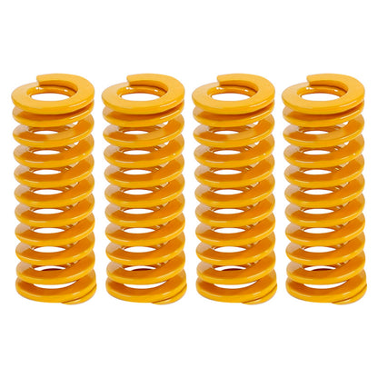 Four ASR 3D Printer Bed Leveling Springs, yellow and 26mm high, are shown vertically on a white background—ideal for heated bed leveling and improved vibration dampening.