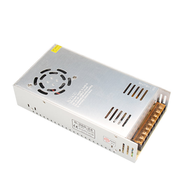 The High Quality 24V 15A Power Supply Unit by 3D Printing Perth - Cirrus Link is a robust rectangular metal unit with a cooling fan and multiple output terminals, ensuring reliable performance for 3D printing needs.