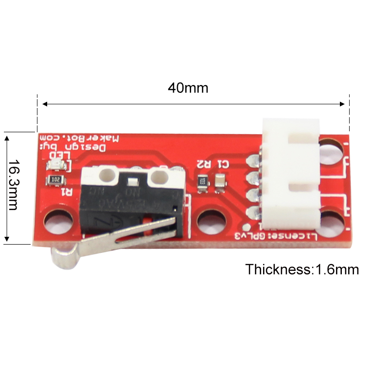 The 3D Printing Perth - Cirrus Link Limit Switch Kit includes a red circuit board measuring 40mm x 16.3mm x 1.6mm, complete with a switch and connector, ideal for precision in your 3D printing projects or as part of a comprehensive kit.