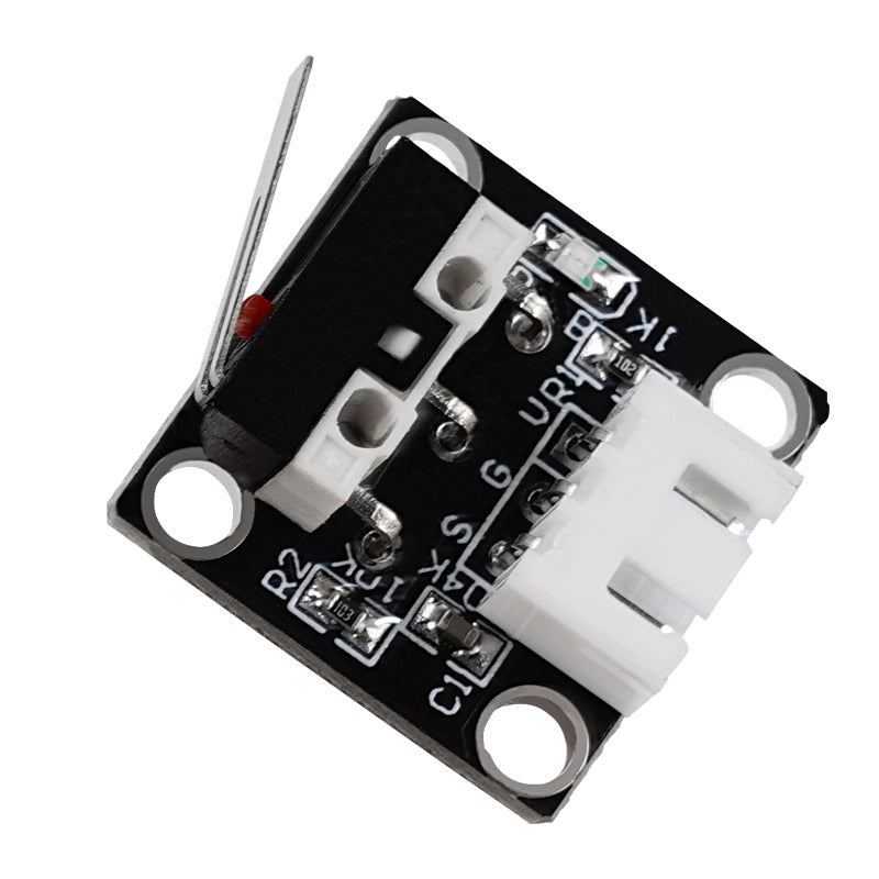Close-up of an EndStop Switch for CR-10 Ender-3S Mechanical Limit Micro Stroke by 3D Printing Perth - Cirrus Link, featuring a lever arm mounted on a compact black circuit board with a white connector and labeled components, crucial for precision in 3D printing setups.