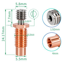 The E3D V6 Titanium Alloy Red Copper Throat by 3D Printing Perth - Cirrus Link features precise millimeter measurements, including diameter and height. Detailed close-ups highlight parts like the red copper throat compatible with E3D V6 in circular insets for clarity.