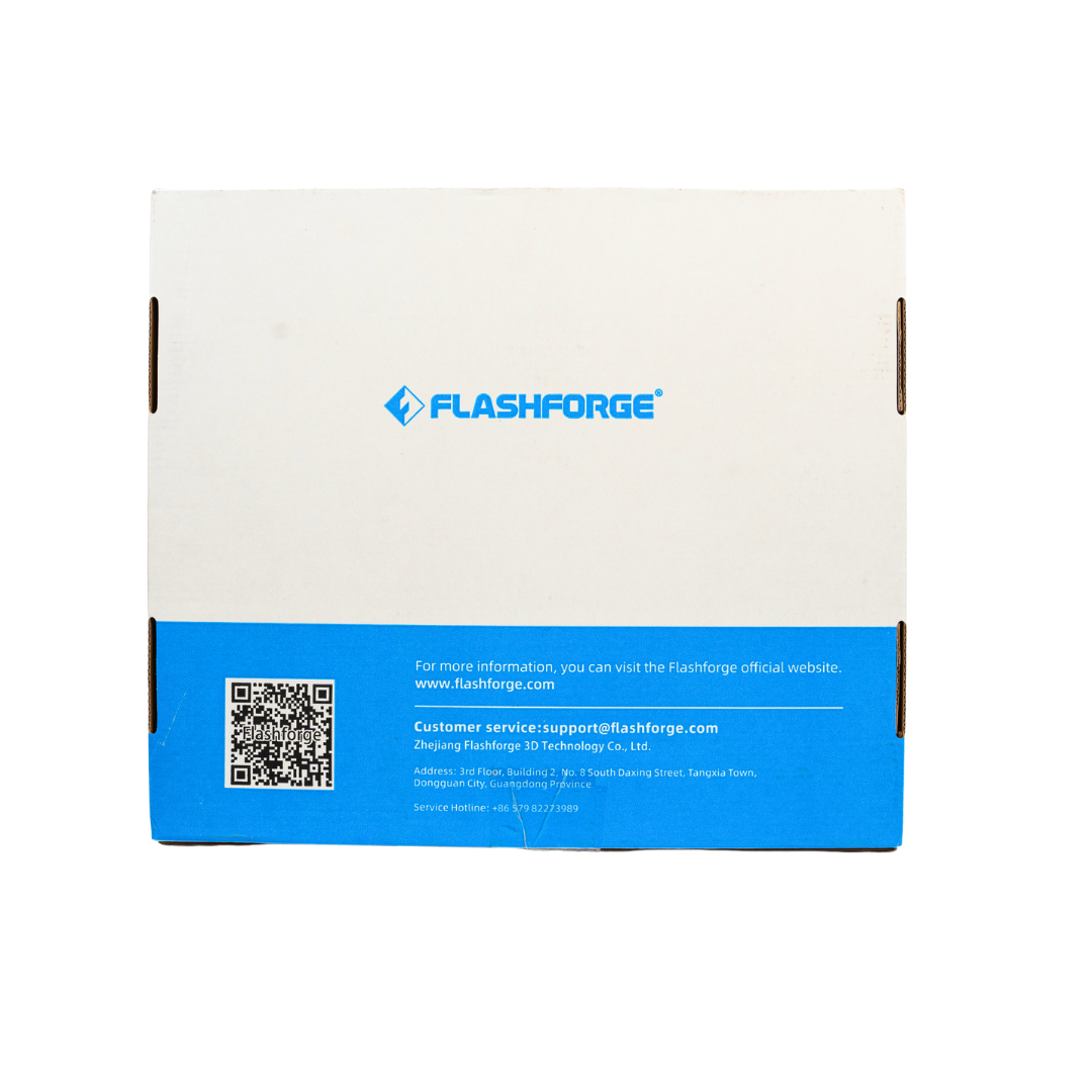 The Adventurer 5M 3D Printer Enclosure Kit from Flashforge comes in a cardboard box featuring a blue bottom section that displays the Flashforge logo, contact details, and a QR code, making it ideal for housing the Adventurer 5M while maintaining optimal temperature control in your printer enclosure.
