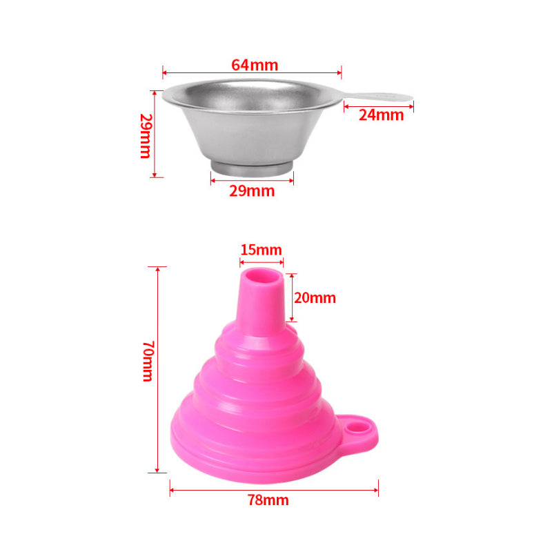 The product images showcase two funnels: a compact metallic funnel and a collapsible pink silicone funnel, designed by 3D Printing Perth - Cirrus Link. Both are ideal for resin collection filter tasks with various millimeter measurements, making them perfect companions for SLA and DLP 3D printers.