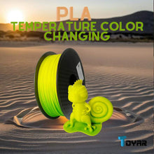 A green squishy with a yellow Toyar PLA (Temperature Color Changing) 1.75mm 3D Printing Filament in the sand.