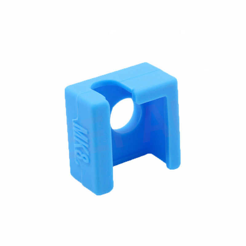 A Mk8 Silicone Sleeve from 3D Printing Perth - Cirrus Link, designed for 3D printers, features a blue color with a circular cutout and provides excellent heat insulation as well as anti-scalding protection.