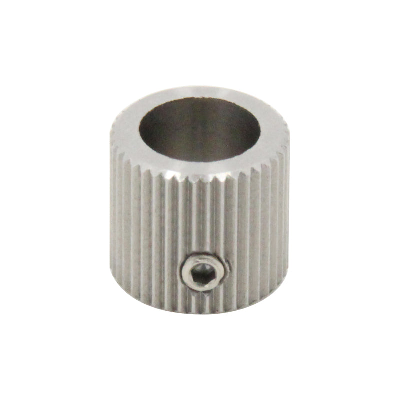 A 3D Printing Perth - Cirrus Link feed wheel with 40 teeth, made of stainless steel, featuring a cylindrical shape with vertical ridges and a side screw, measuring 12mm in diameter and 11mm in height.