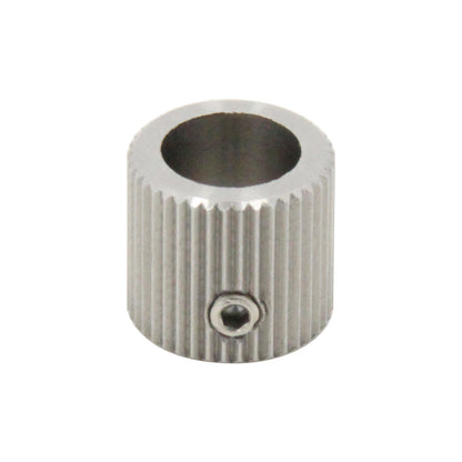 A 3D Printing Perth - Cirrus Link feed wheel with 40 teeth, made of stainless steel, featuring a cylindrical shape with vertical ridges and a side screw, measuring 12mm in diameter and 11mm in height.