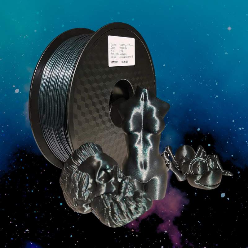 A black Hello3D PLA Magic Colour 1.75mm 3D Printing Filament featuring a statue of a man and a statue of a woman, perfect for 3D printing enthusiasts using Hello3D.