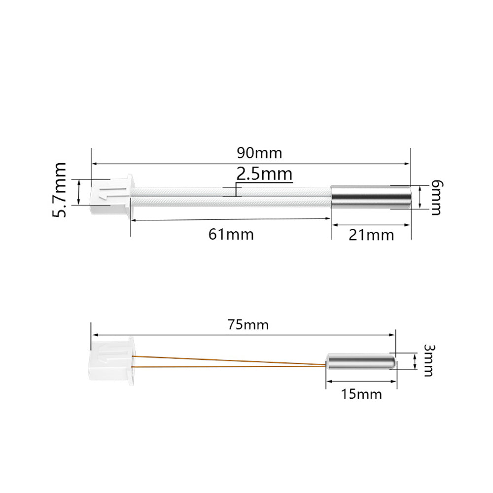 Explore the diagram of the CR-6SE NTC Heater & Thermistor Kit by 3D Printing Perth - Cirrus Link. It has a 90mm length and ends measuring 5.7mm to 6mm, perfect for CR-6SE upgrades. It complements another object that's 75mm long with a ceramic heater-ready end of 15mm.