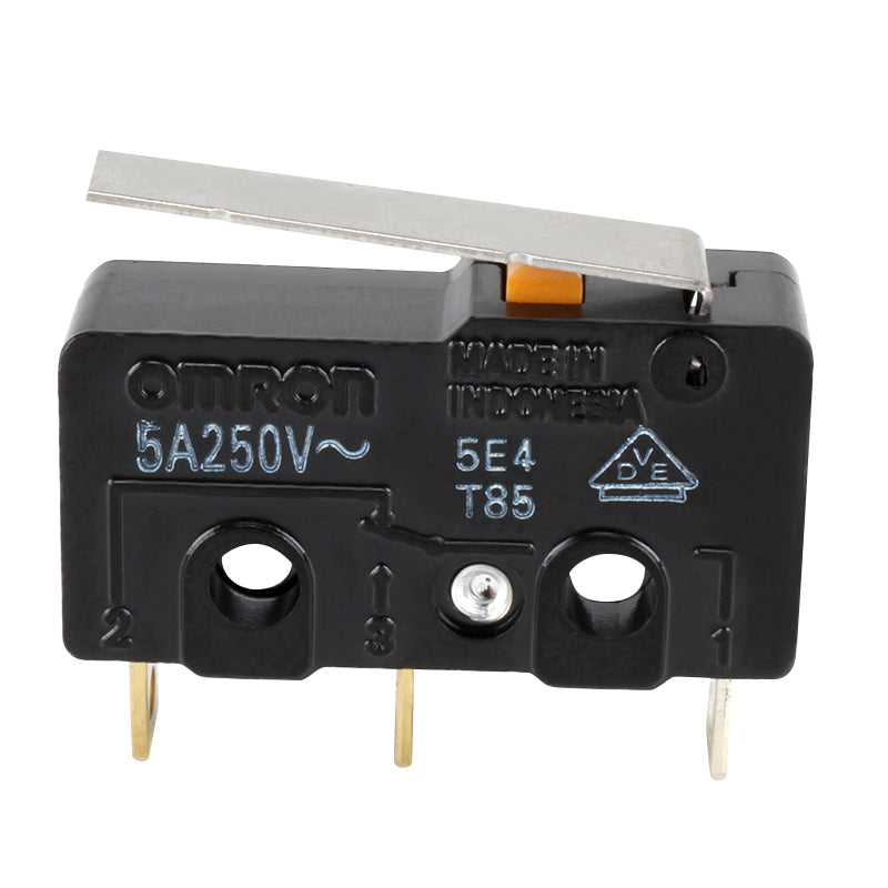 Close-up of a black 3D Printing Perth - Cirrus Link KW4-3Z-3 microswitch with a metal lever and three pins, ideal for precision tasks in 3D printing setups like ENDSTOP on RAMPS1.4 boards, labeled "5A250V" and "5E4 T85.