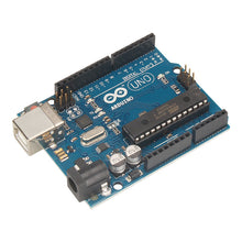 The Arduino UNO R3 ATmega328P Microcontroller Development Board from 3D Printing Perth - Cirrus Link features a blue PCB, USB port, power jack, pin connectors, and offers reliable performance.