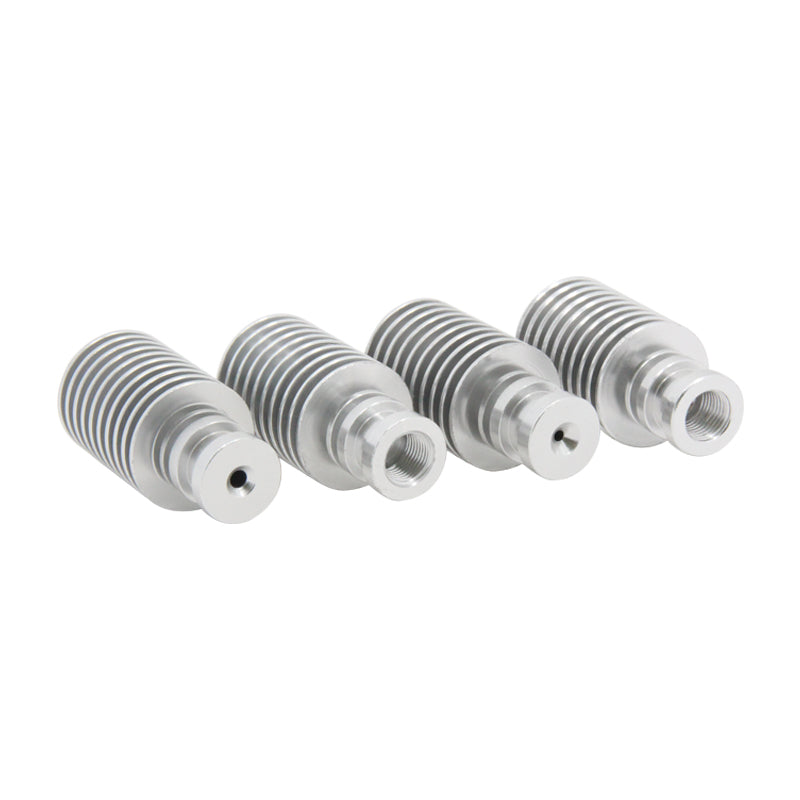 Four E3D V5 Short Heat Sinks from 3D Printing Perth - Cirrus Link, designed in silver metal with ribbed features and threaded holes for direct extruders, are perfect for 3D printing enthusiasts and aligned horizontally.