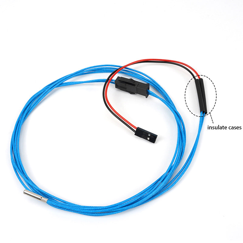 The PT1000 High Temperature Platinum Thermistor Sensor Probe by 3D Printing Perth - Cirrus Link, with blue insulated cable, black connectors, and red-black wires, is perfect for VORON high-temp resistance applications, ensuring accurate 3D printing temperature monitoring.