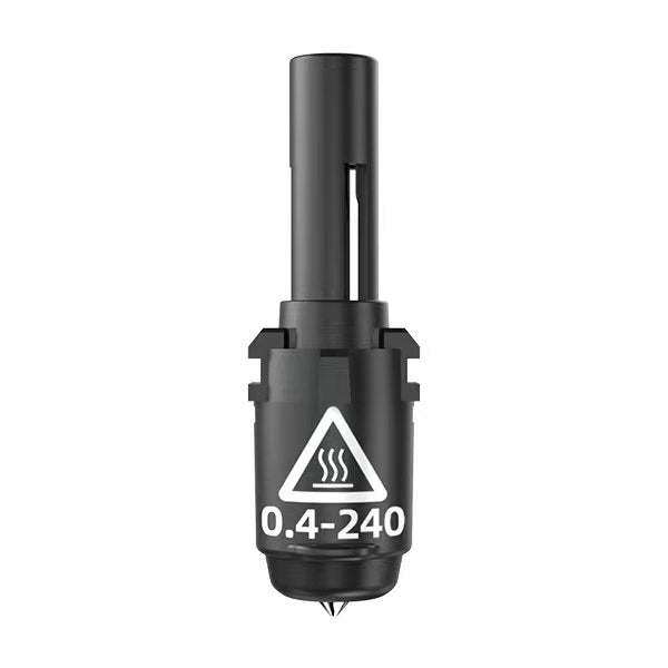 The Flashforge 0.4mm 240℃ Nozzle Kit for the Adventurer 4 Series, featuring a triangular warning symbol with "0.4-240" inscribed on it, is designed for high-temperature resistance and comes in black.