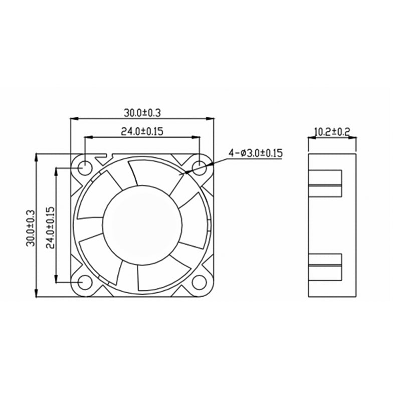 Technical diagram of the 24V Dual Ball Bearing Cooling Fan 3010, branded by 3D Printing Perth - Cirrus Link, tailored for 3D printers. It highlights front and side views with dimensions of 30mm x 30mm x 10mm. Features include mounting holes, blade details, and a dual ball bearing design to boost performance.