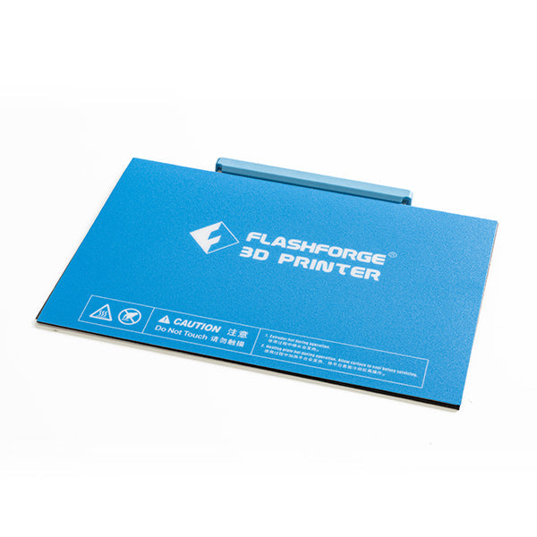 The Flexible Buildplate Kit for the Flashforge Creator Pro 2 3D printer, in blue, features safety warnings and a distinctive logo, making it an essential accessory for 3D printing.