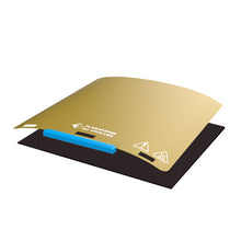 This versatile 3D printing plate from Flashforge, known as the PEI Sheet and Magnet Tape Assembly for Guider Ⅱ Series, is designed with a gold PEI sheet on top and enhanced by a blue tab on a sophisticated black base.