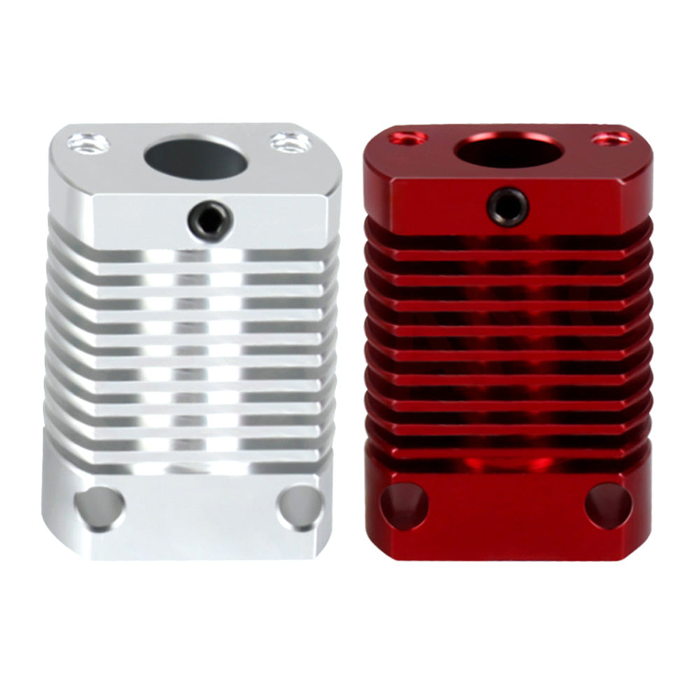 The Creality CR10S CR10 Heat Sink by 3D Printing Perth - Cirrus Link includes two ribbed, cylindrical heatsink blocks with holes for optimal thermal management; one is silver and the other red, compatible with CR10 and CR10S models.