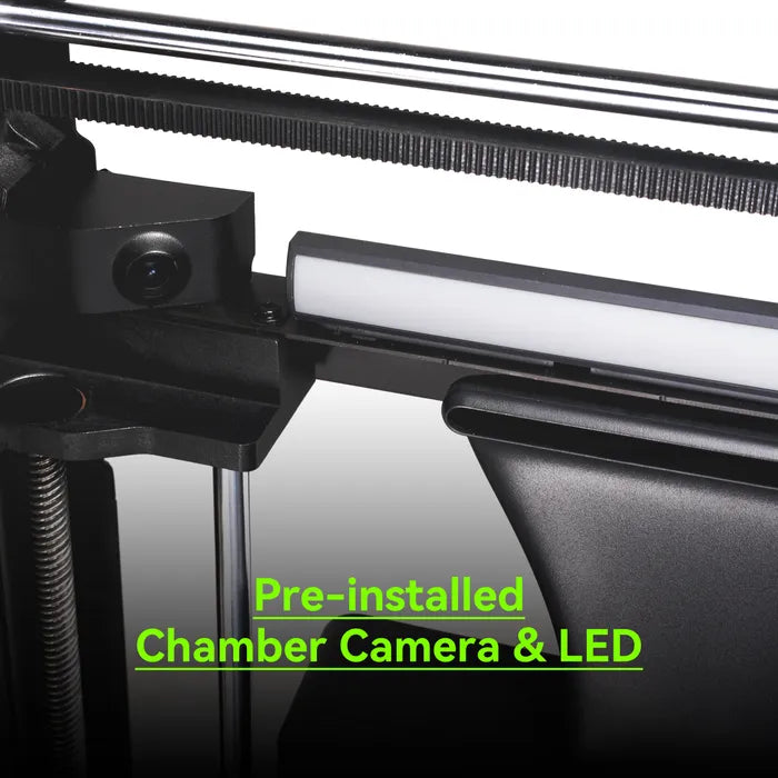 Close-up of the Bambu Lab P1P 3D Printer by Bambu Lab, showcasing high-speed multi-color printing, a pre-installed chamber camera, and LED light. Highlighted text draws attention to these advanced features.