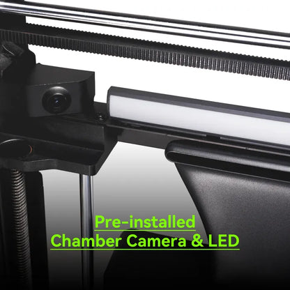 Close-up of the Bambu Lab P1P 3D Printer by Bambu Lab, showcasing high-speed multi-color printing, a pre-installed chamber camera, and LED light. Highlighted text draws attention to these advanced features.