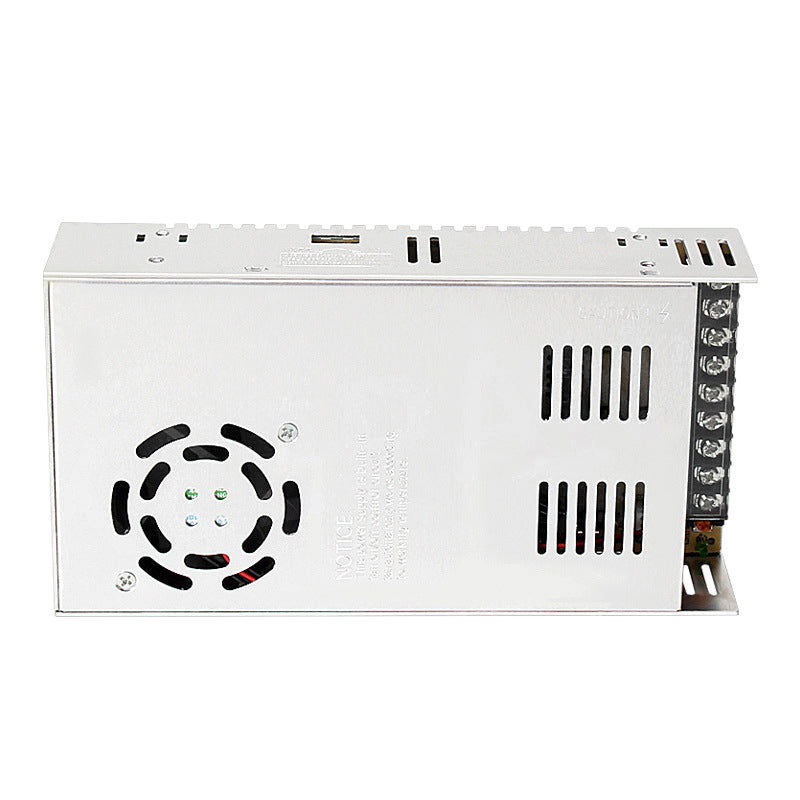 The 3D Printing Perth - Cirrus Link High Quality 12V 30A Power Supply is a rectangular metal converter with a left-side fan and right-side terminal connectors, ideal for efficiently managing electrical flow in demanding projects like 3D printing.