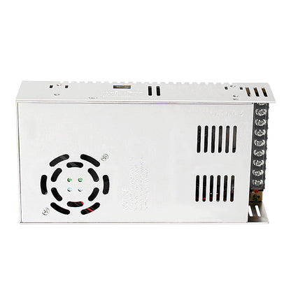 The 3D Printing Perth - Cirrus Link High Quality 12V 30A Power Supply is a rectangular metal converter with a left-side fan and right-side terminal connectors, ideal for efficiently managing electrical flow in demanding projects like 3D printing.