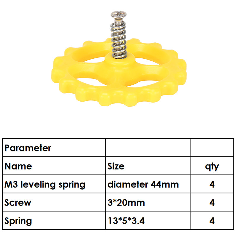 The M3X20X44 Hot Bed Leveling Spring Kit from 3D Printing Perth - Cirrus Link features a yellow gear-shaped component with a central spring for 3D printer bed leveling. It includes an M3 leveling spring, 44mm diameter, and comes with four screws (3*20mm) and four springs (13*5*3.4).