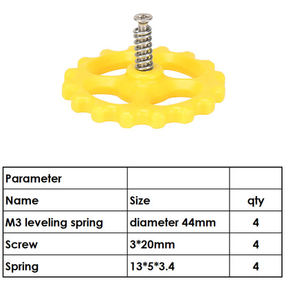 The M3X20X44 Hot Bed Leveling Spring Kit from 3D Printing Perth - Cirrus Link features a yellow gear-shaped component with a central spring for 3D printer bed leveling. It includes an M3 leveling spring, 44mm diameter, and comes with four screws (3*20mm) and four springs (13*5*3.4).
