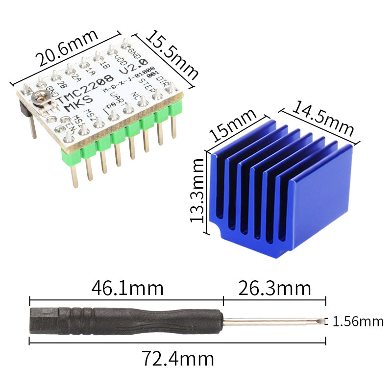 The TMC2226 stepper motor driver module offers ultra-quiet operation and precise dimensions, featuring a blue heatsink and a black screwdriver. Ideal for fans of the TMC2208 V2.0 from 3D Printing Perth - Cirrus Link seeking enhanced performance.