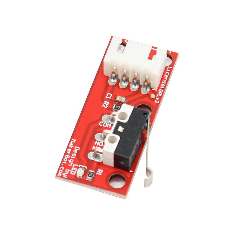 Close-up of a red limit switch module from the "Limit Switch Kit with Mechanical Switch and 70CM Cable" by 3D Printing Perth - Cirrus Link, highlighting a micro switch and white connector on a circuit board.