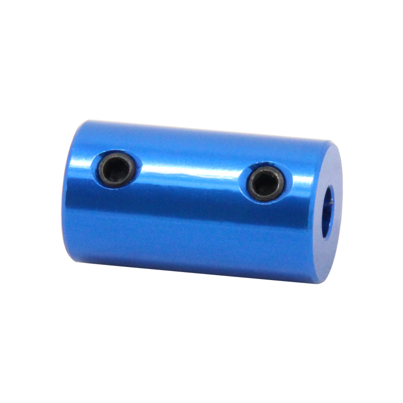 The ASR Aluminum Shaft Coupling for Motor & Lead Screw Linkage is a blue cylindrical aluminum profile with two hex socket set screws and a central hole on one end, ideal for use as a stepper motor coupling.