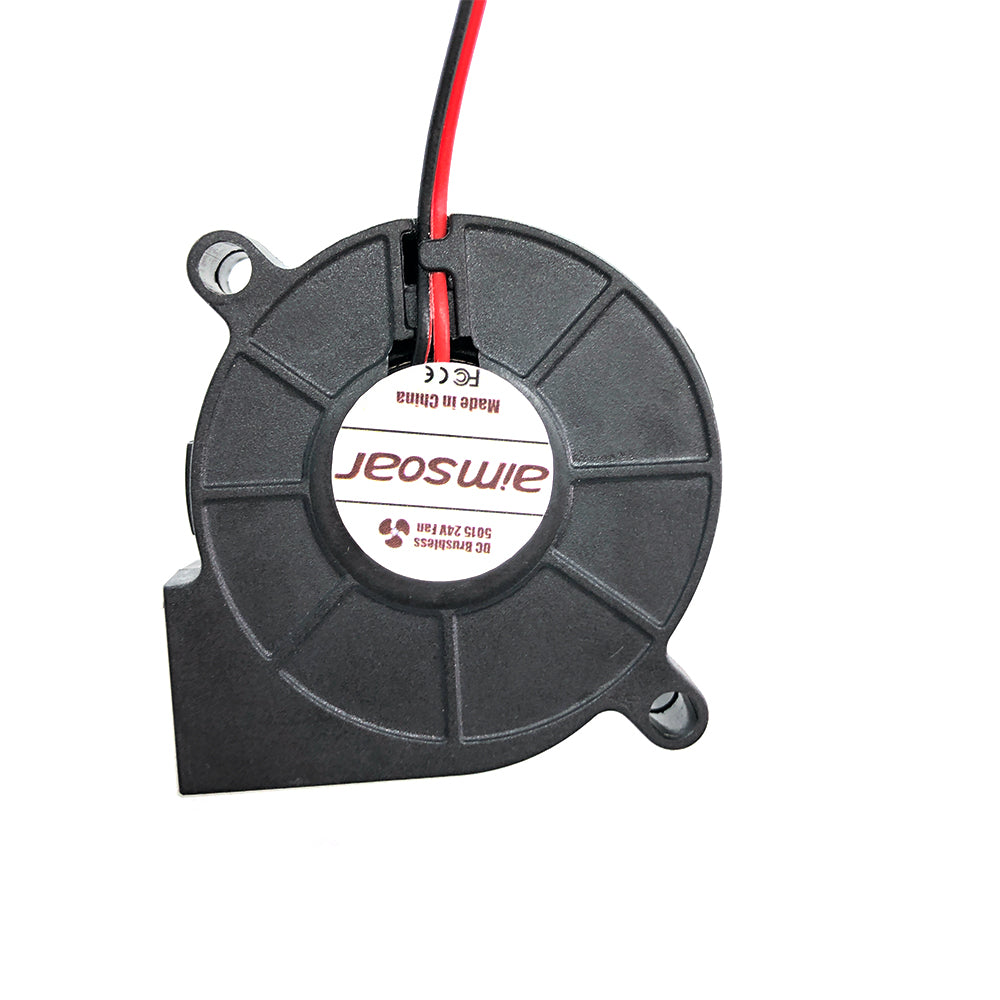A compact black fan from 3D Printing Perth - Cirrus Link, labeled "Blower 5015," featuring red and black wires, this high-performance cooling fan efficiently handles airflow needs with its 24V operation, 6200 RPM speed, and 15 CFM capacity while maintaining a noise level of only 27 dBA.
